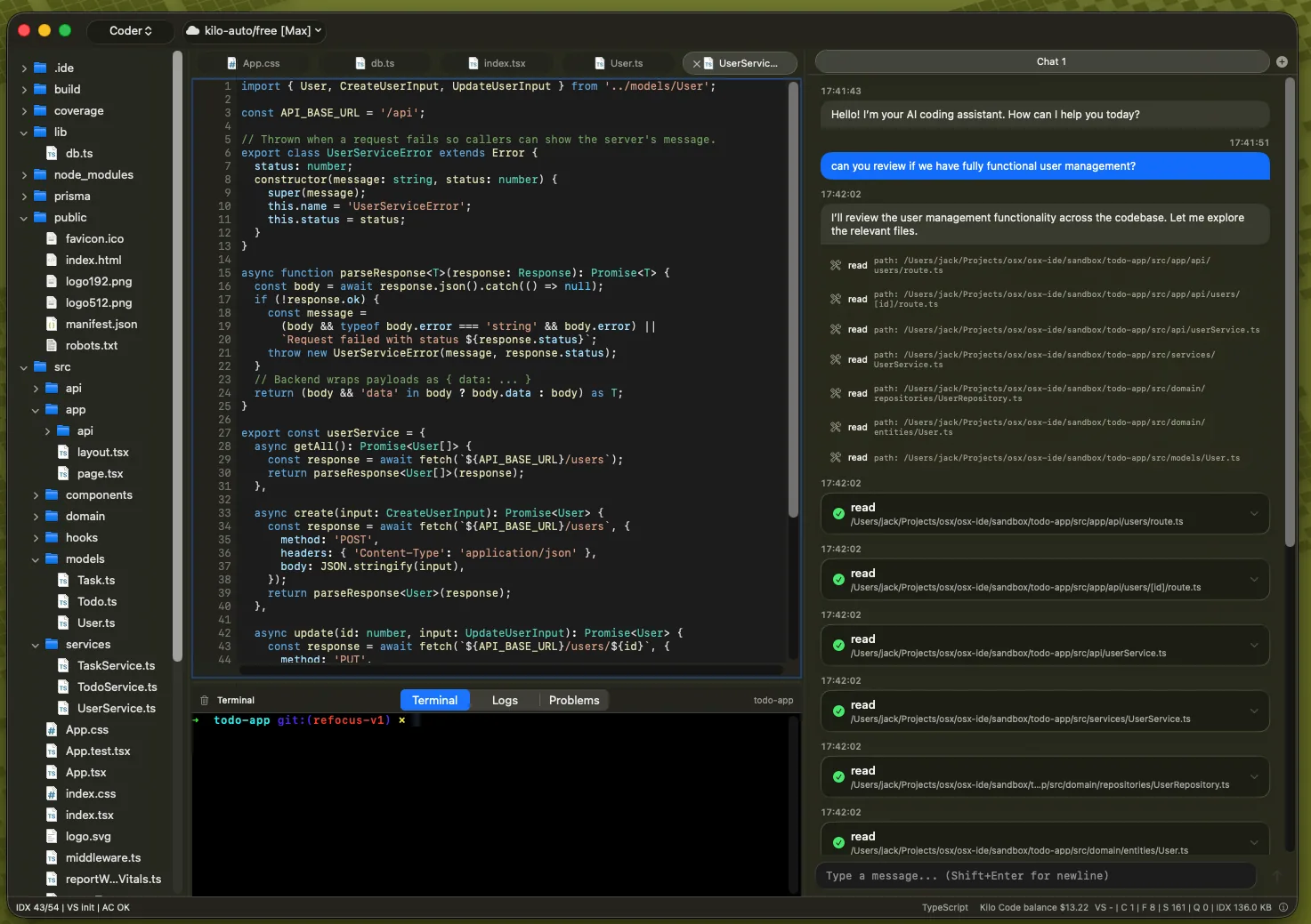 Compass IDE running on macOS: file navigator, native editor, and AI chat panel